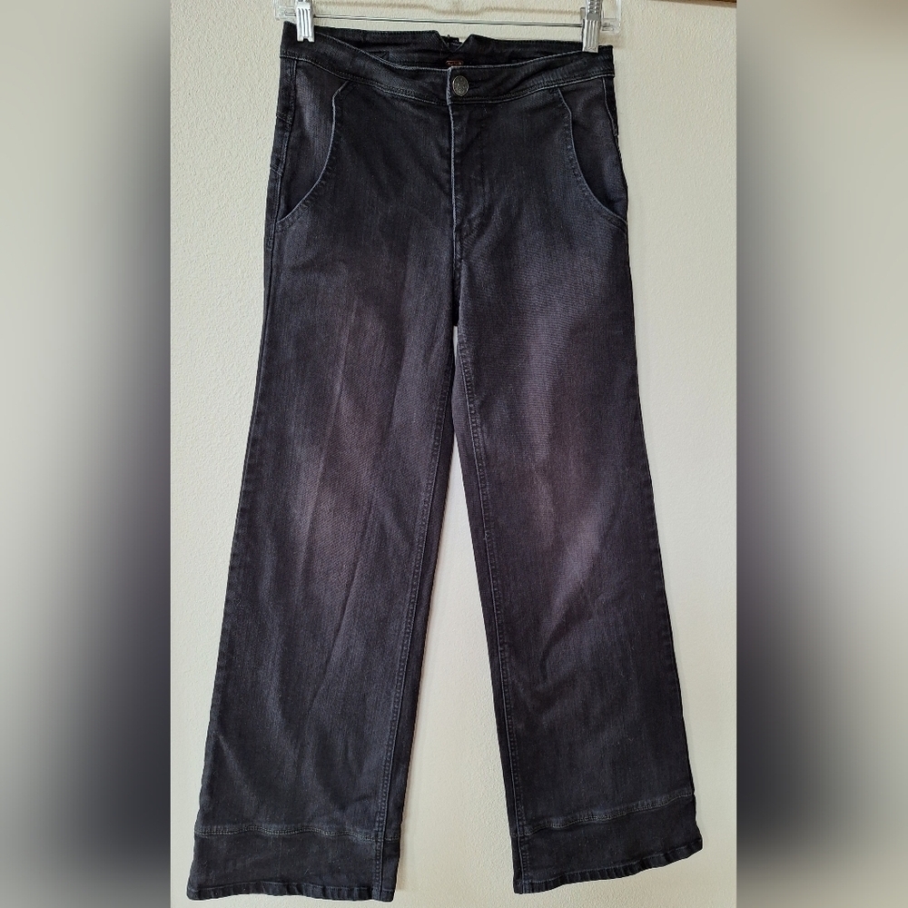 Free People Womens Wide Leg Black Washed Buckle Back Jeans Stretch Size 24